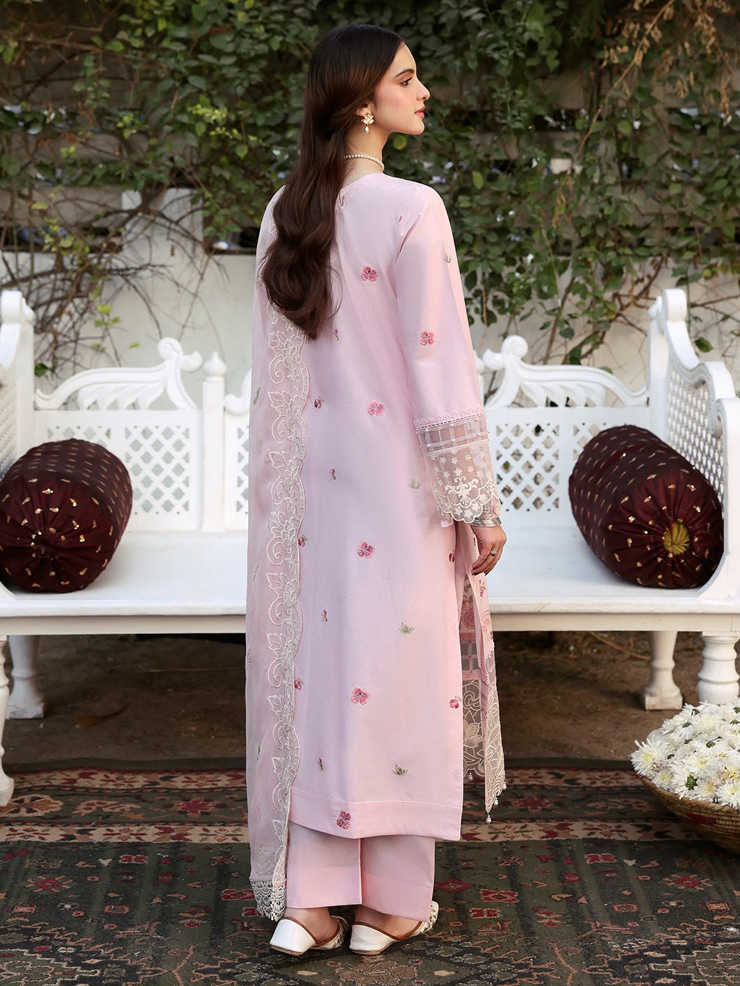 Mahnur Premium Cotton Chickenkari 3PC Ensemble - Heavy Embroidered Organza Dupatta