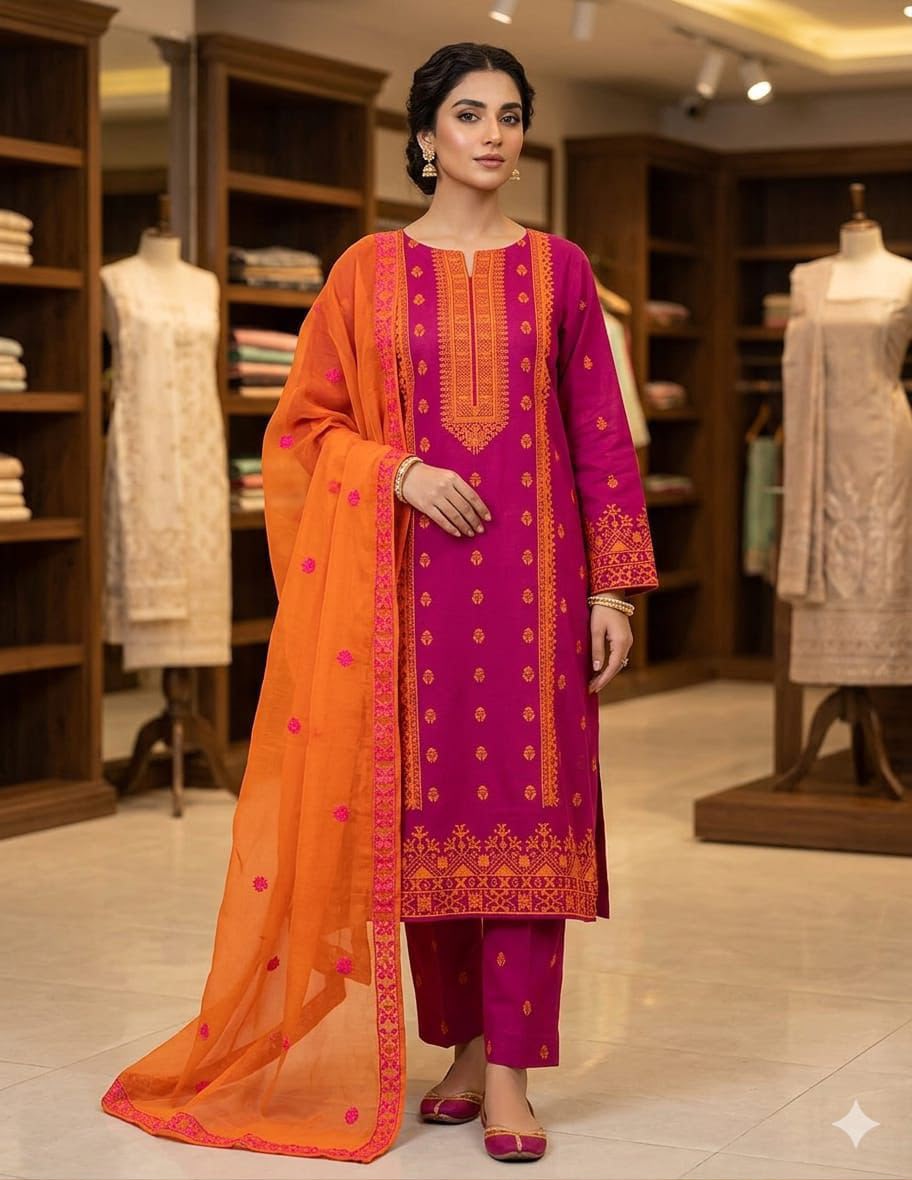 3PIECE Luxury Embroidered Cotton Collection with Chiffon embroidered duppatta