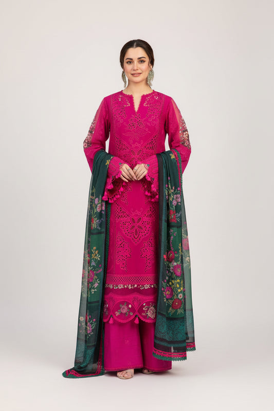 3PIECE Luxury Embroidered Chikenkari with Silk Dupatta