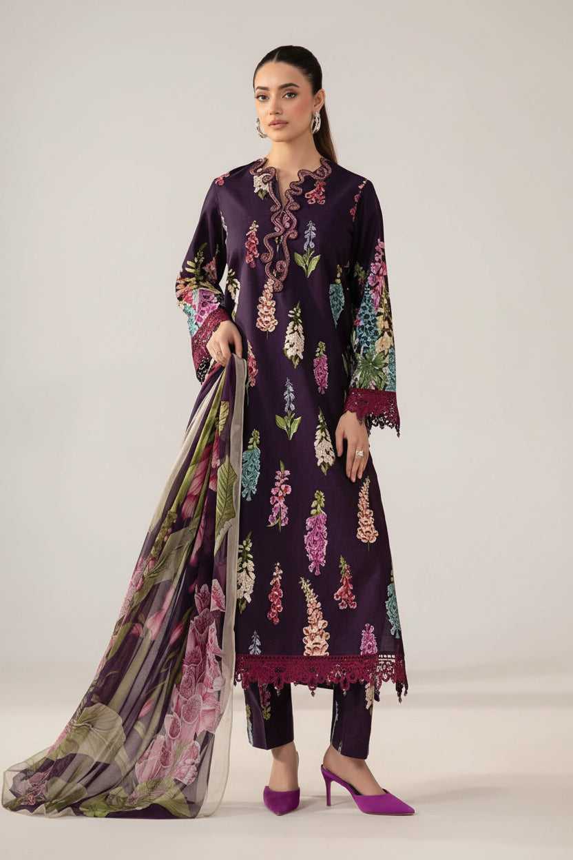 Maria B Premium Lawn 3PC Suit in Two Different Colours- Floral Print with Heavy Embroidered Spangle Work