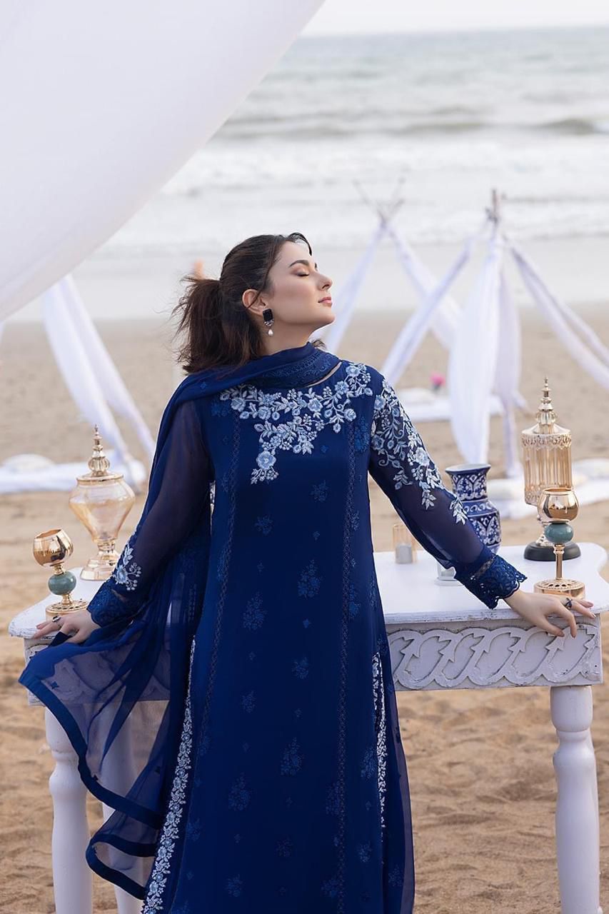 Azure Premium Chiffon Ensemble - 3D Embroidered Luxury 3PC Suit
