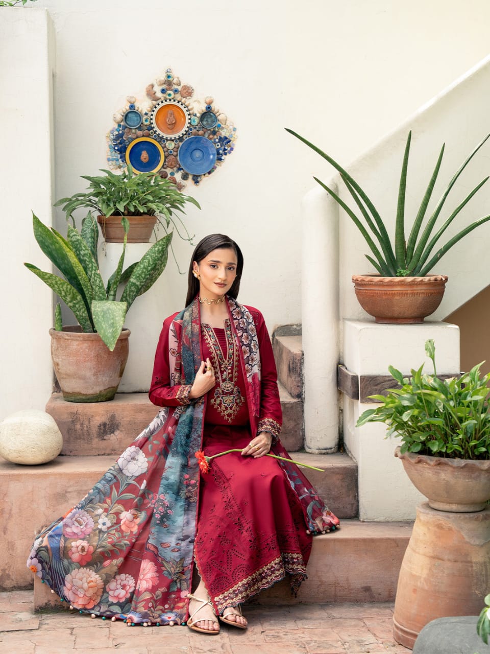 Izel Premium Embroidered 3-Piece Lawn Suit available in two color Red and Green - Signature Edit