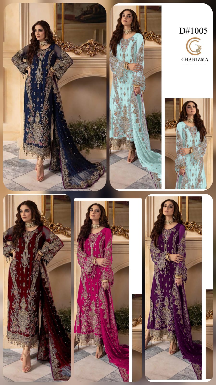 Charizma Luxury Chiffon 3PC Suit in Five Different Colors Heavy Adda Work Embroidered Ensemble