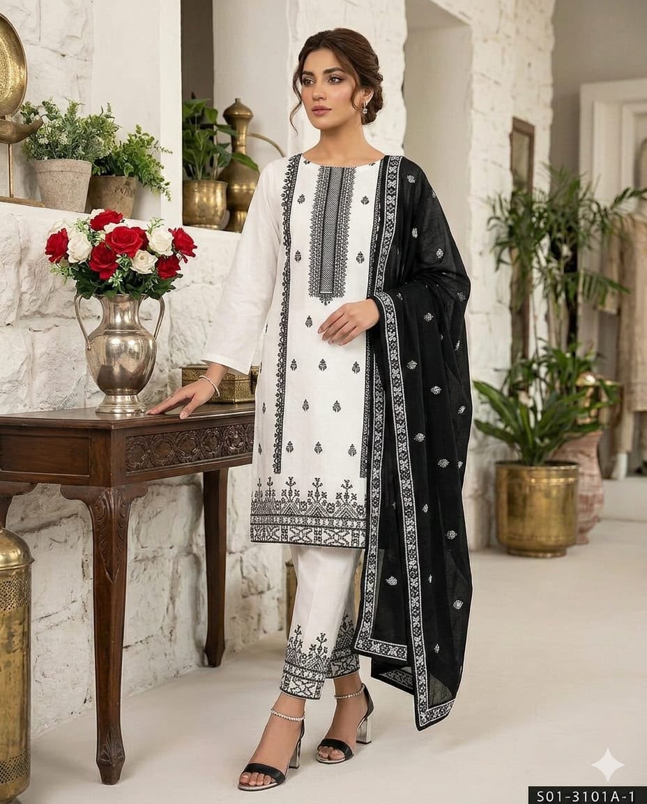 3PIECE Luxury Embroidered Cotton Collection with Chiffon embroidered duppatta