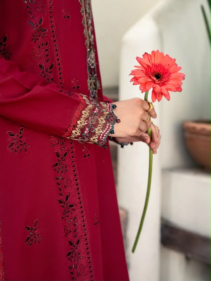 Izel Premium Embroidered 3-Piece Lawn Suit available in two color Red and Green - Signature Edit