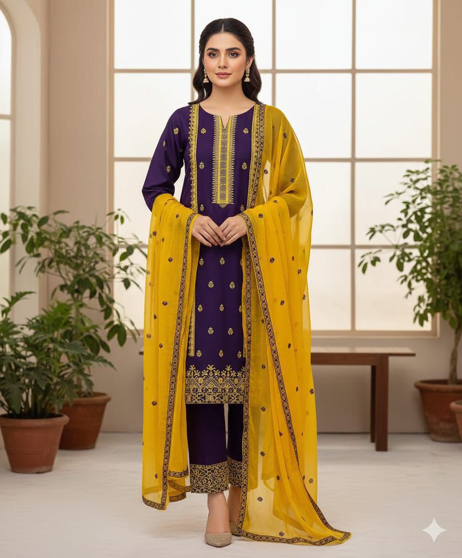3PIECE Luxury Embroidered Cotton Collection with Chiffon embroidered duppatta