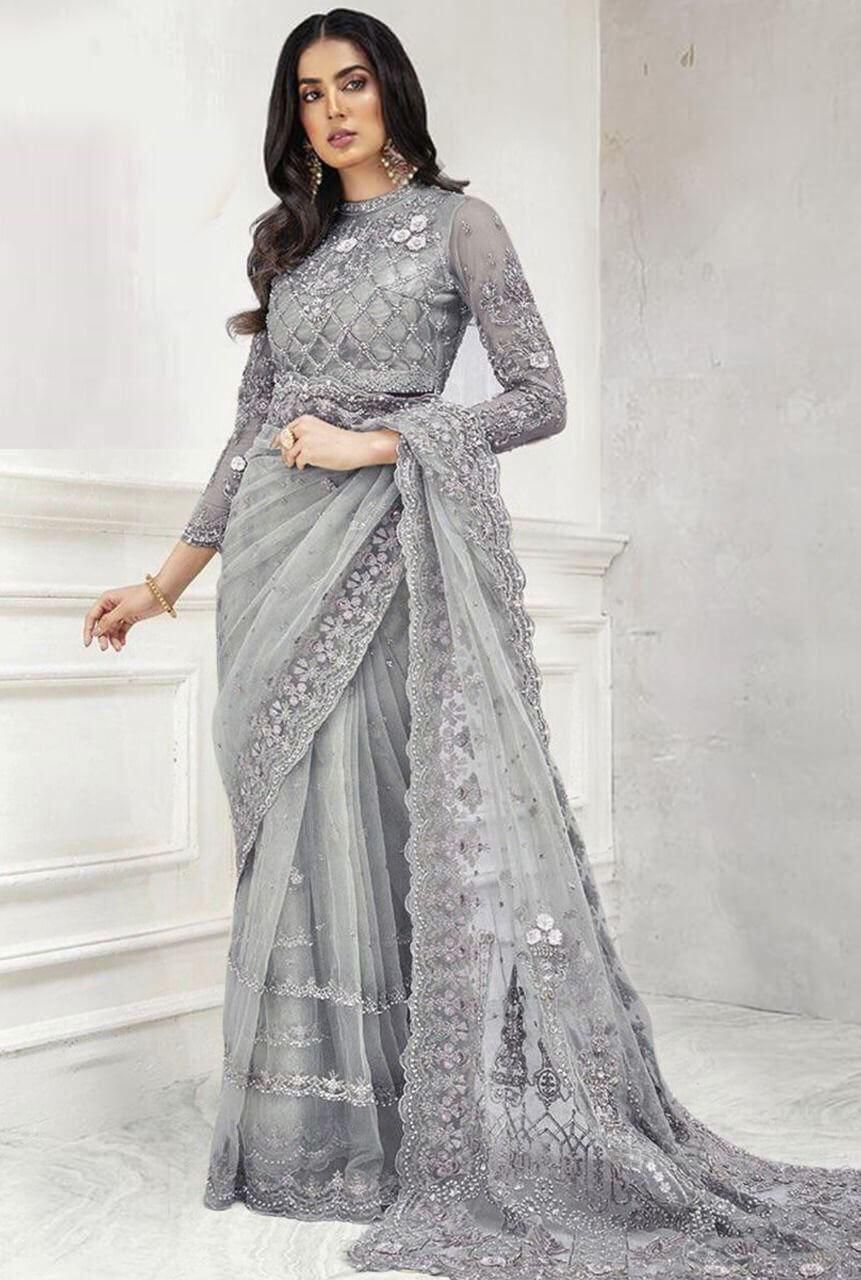 Party wear Net Saree Exclusive Fancy Collection with Heavy Embroidery Sequence and pearls