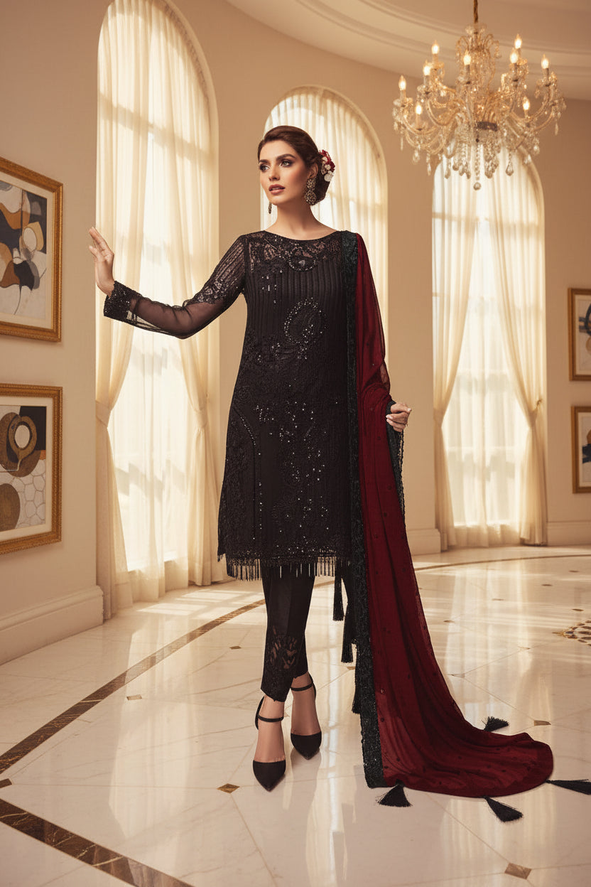 Serene Premium Embroidered Chiffon 3PC Suit - Aurora Borealis Edition