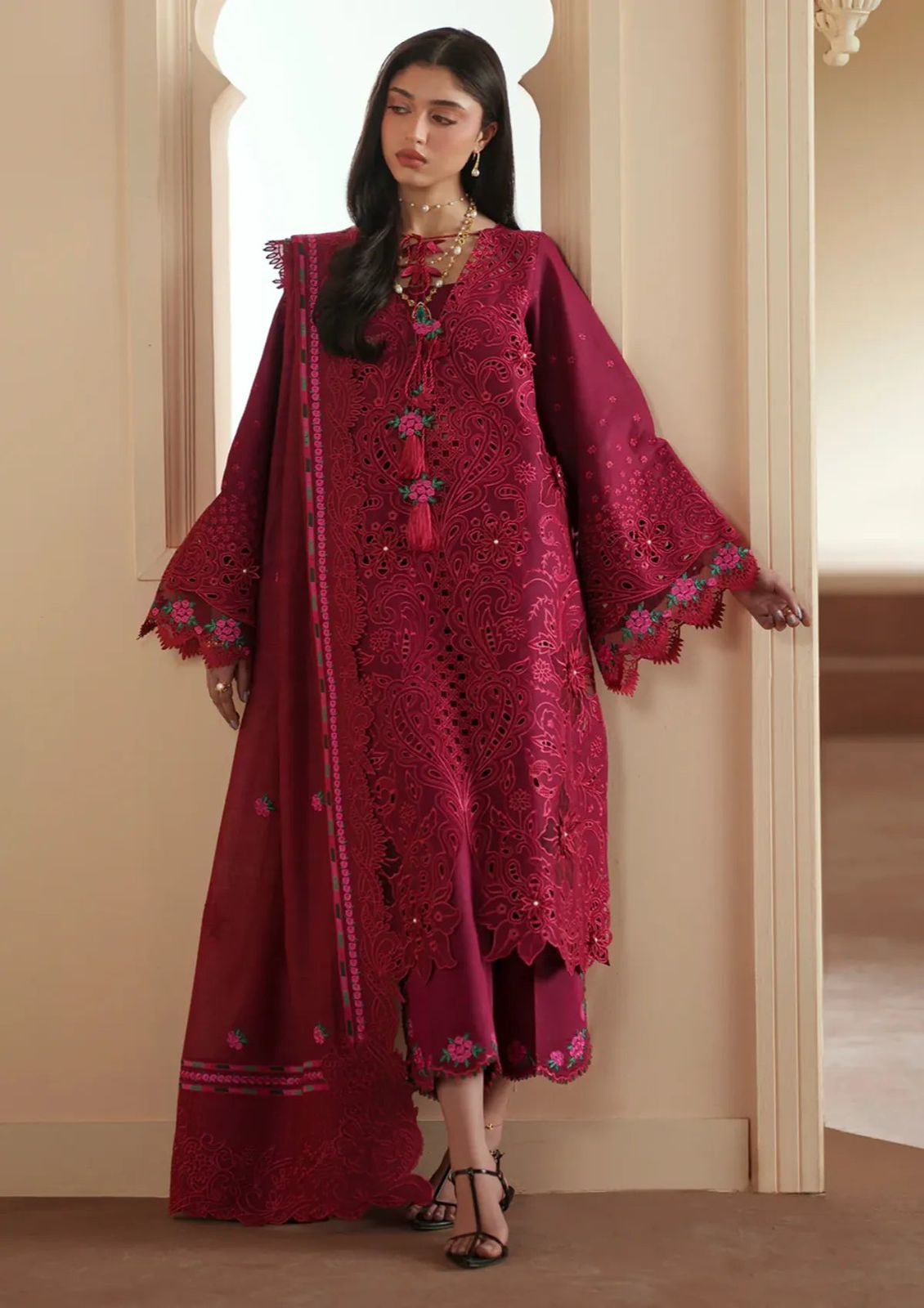 Bin Ilyas Premium Embroidered Chikankari Suit in Two Color Red and Beige with Khaddi Net Dupatta