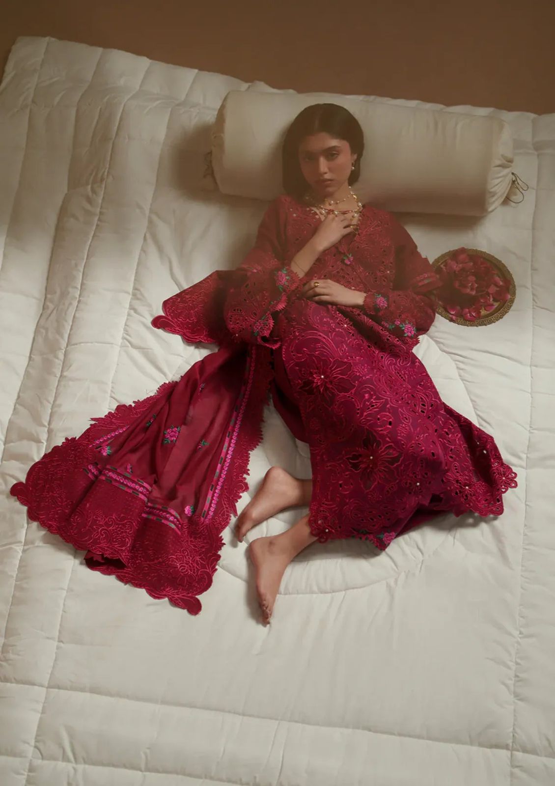 Bin Ilyas Premium Embroidered Chikankari Suit in Two Color Red and Beige with Khaddi Net Dupatta