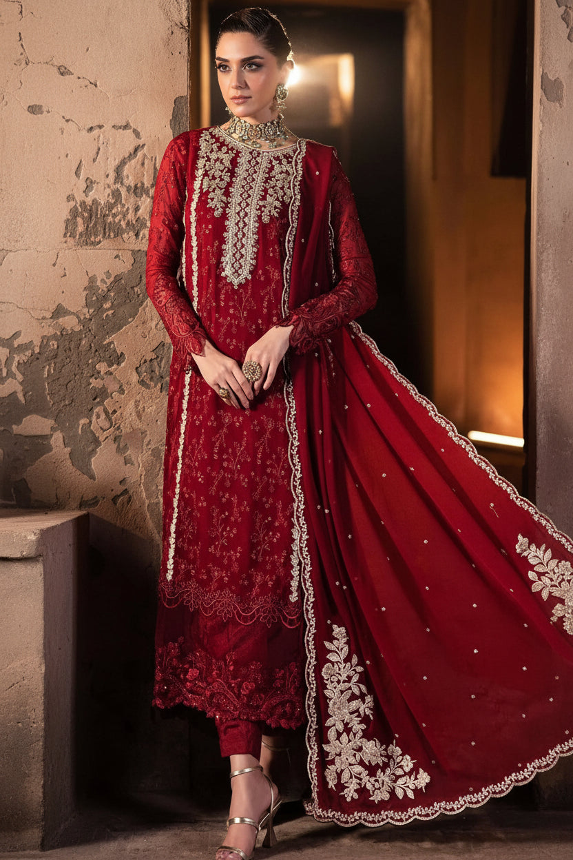 Azure Royal Crimson Premium Chiffon 3PC Suit - Hand-Embellished Festive Ensemble