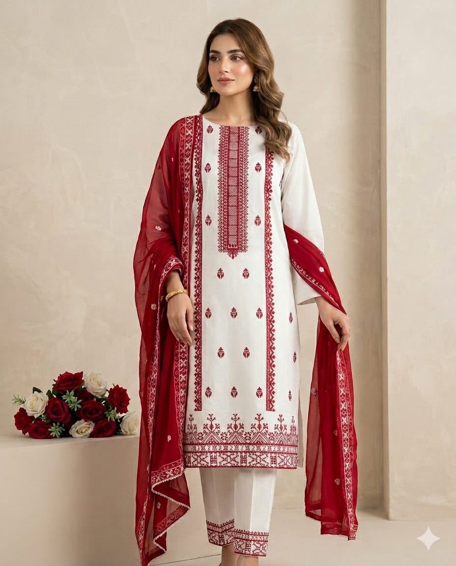 3PIECE Luxury Embroidered Cotton Collection with Chiffon embroidered duppatta