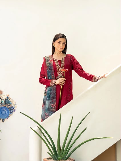 Izel Premium Embroidered 3-Piece Lawn Suit available in two color Red and Green - Signature Edit