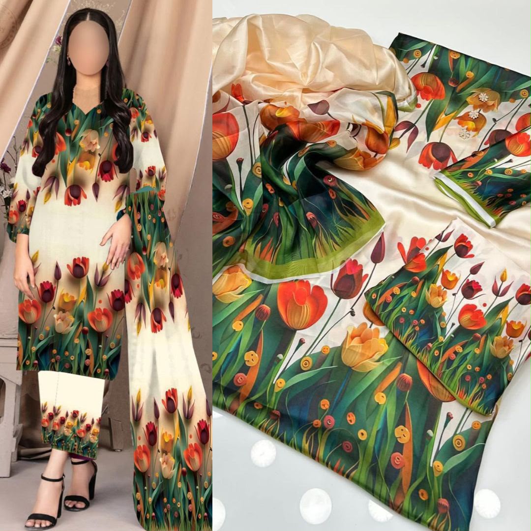 3PIECE Luxury Digtal printed Shamoz Silk