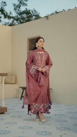 Women's 3-Piece Cotton Embroidered Suit Set Pink